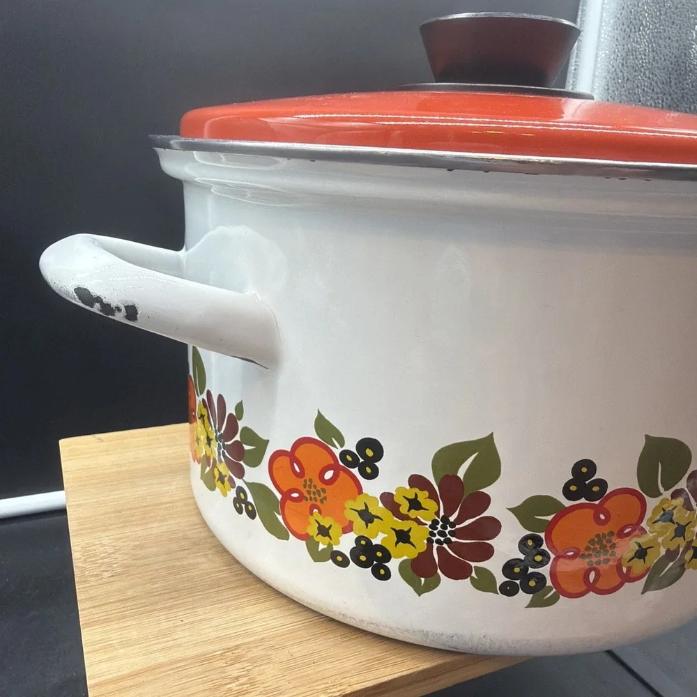 1970s Austria Email Enamel Floral Stock Pot w/Lid Vintage Cookware Retro Cottage